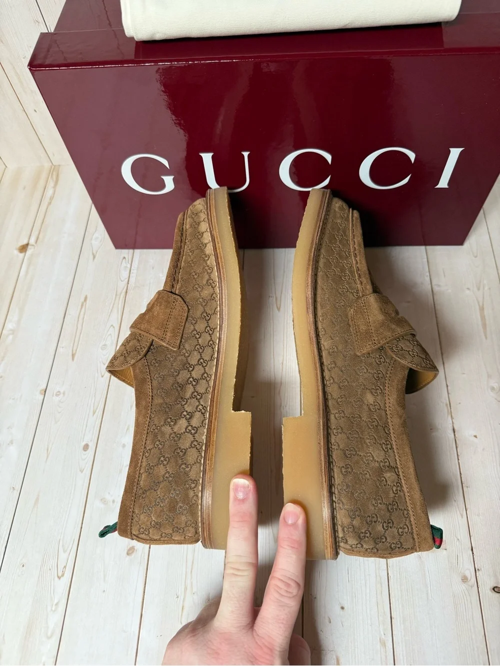 Gucci Luxury Suede Microguccissima Loafers Nocciola Brown Sz 8.5G / 9US